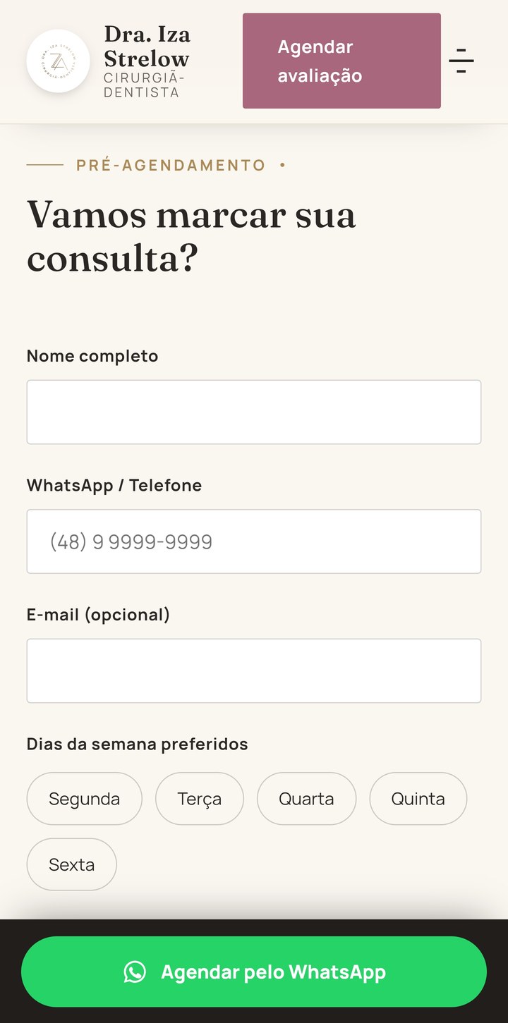 Site da Dra. Iza no celular: formulário de pré-agendamento