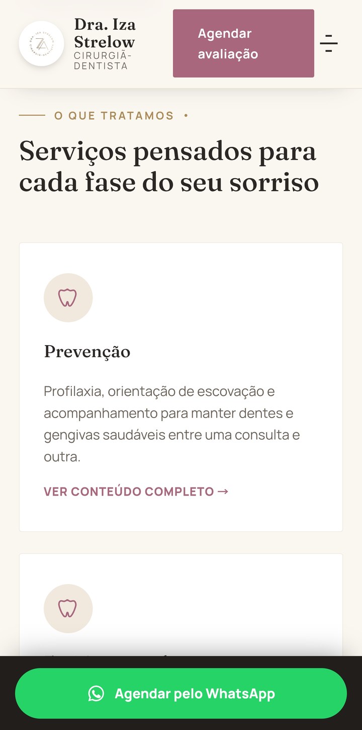 Site da Dra. Iza no celular: seção de serviços